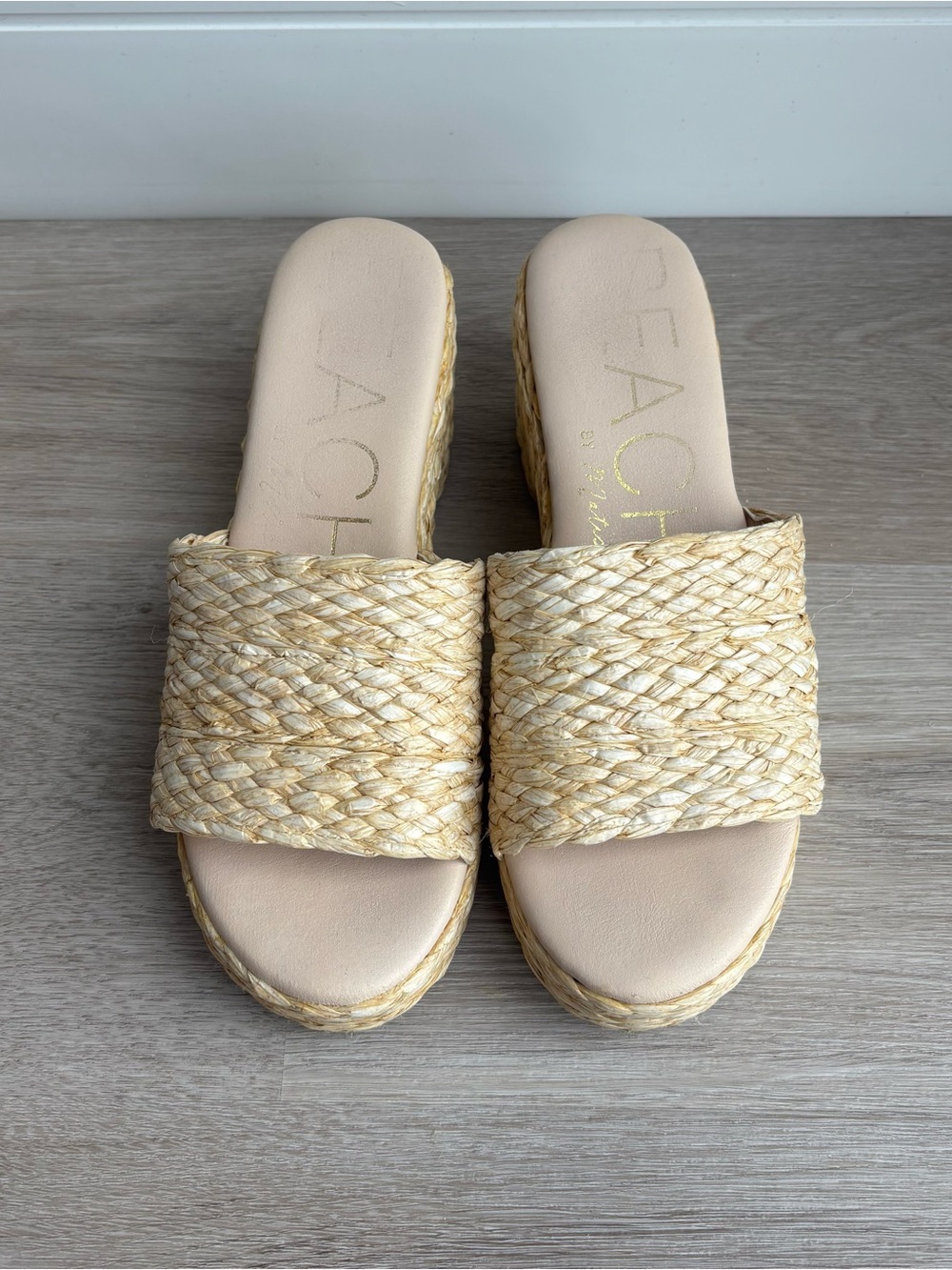 Raffia Woven Slide Wedge Sandals in Natural